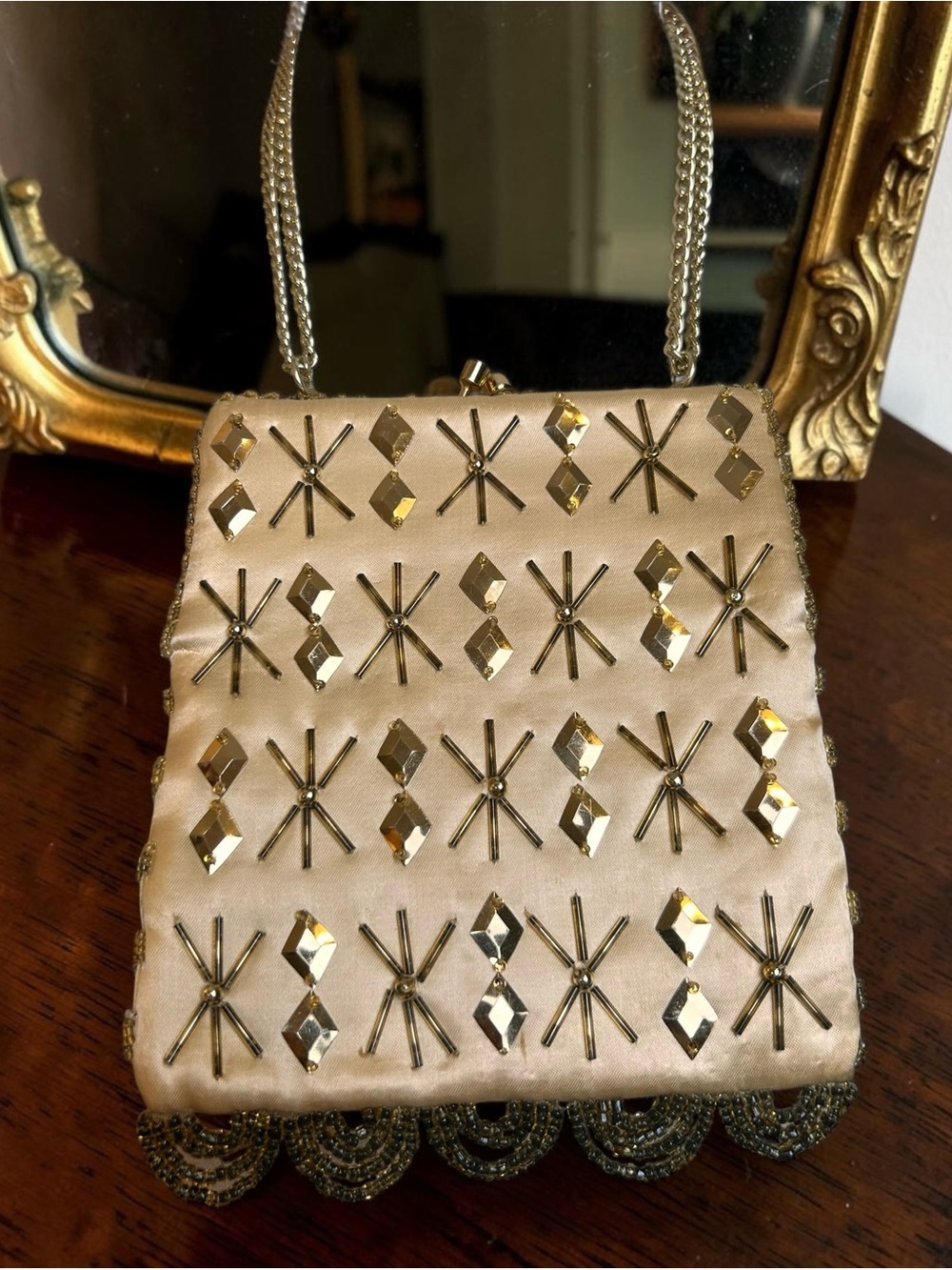 Vintage Cream Satin Beaded Evening Bag Gold Starburst Studs Chain Strap Purse